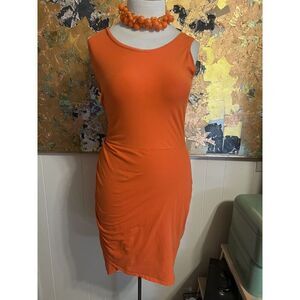 Doncaster Womens 8P Bodycon Sheath Dress Orange Sleeveless Ruched Notched Hem